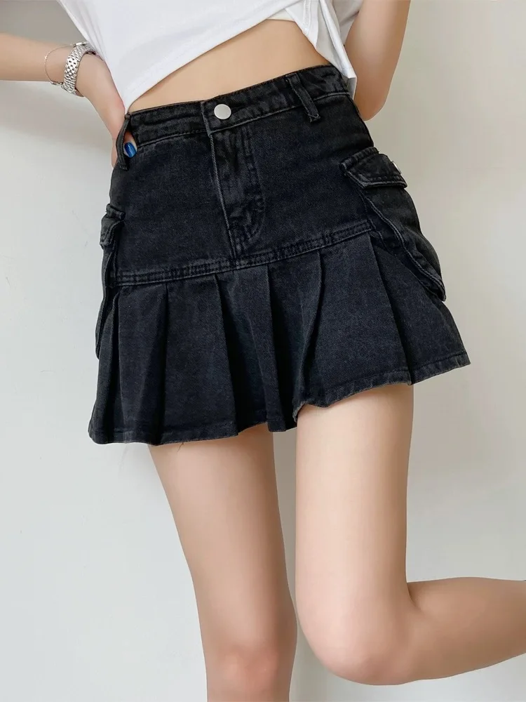 Skirts Women Denim Summer Fashion Korean Style Charming Sexy Hotsweet Chic Popular Pockets Mini Streetwear Simple Solid Students