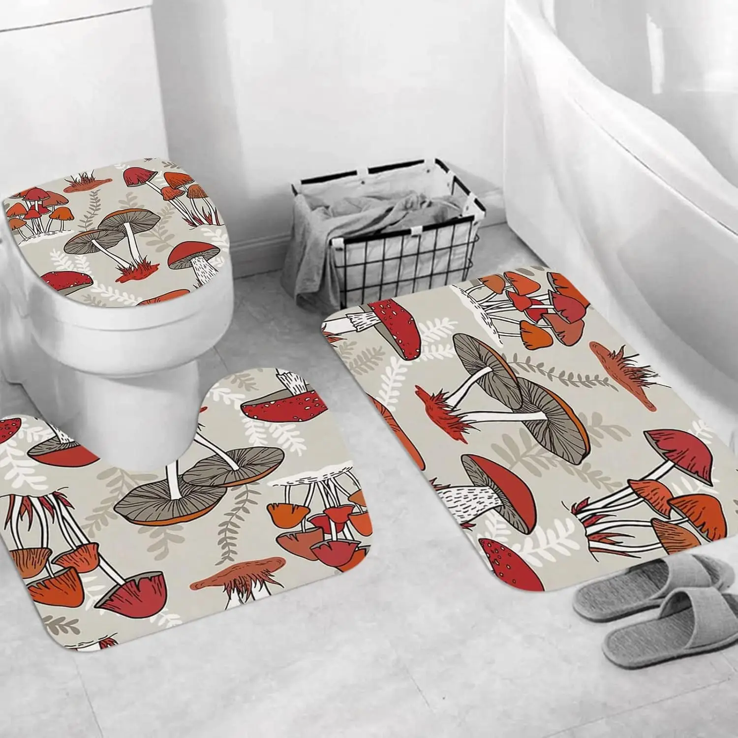 

3 Pieces Bath Mat Set, Soft Superfine Fiber Bathroom Rugs Mat,Watercolor Flowers Colorful Mushrooms On Grass Cartoon Vintage Kid