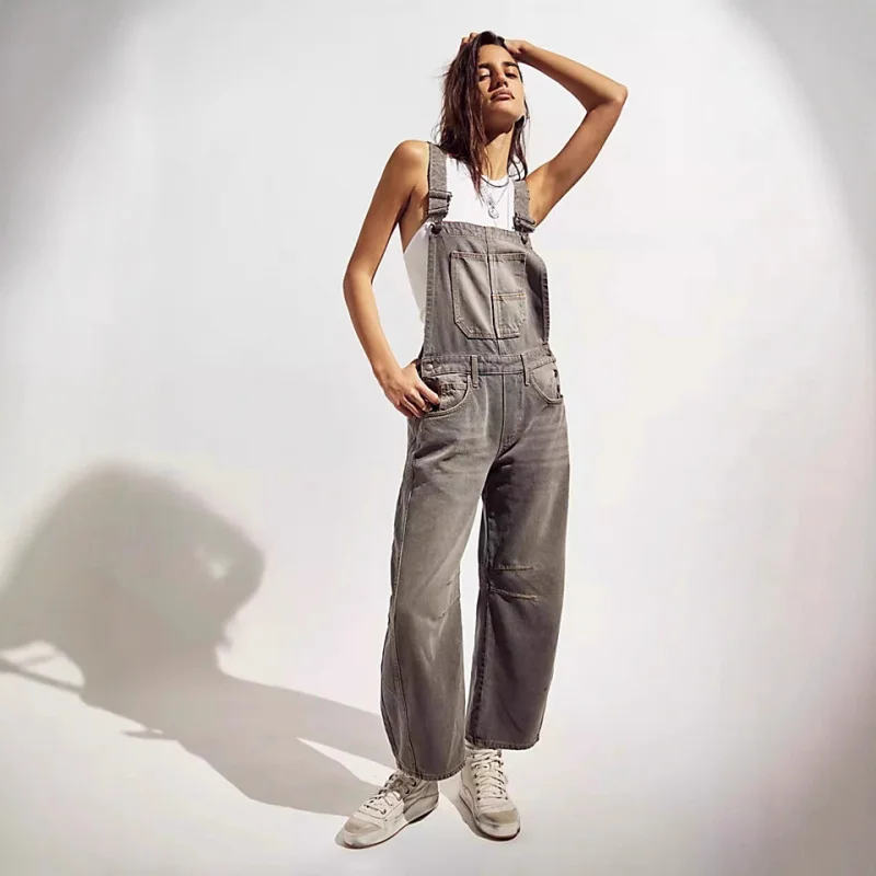 Street Style Nieuwe Gewassen Retro Loose Fit Herfst Winter Rechte Dames Cargo Jeans Met Bandjes Lange Broek Dames