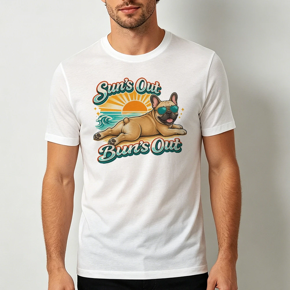 Sun's Out Bun's Out French Bulldog Beach Sunset Men T Shirt Summer Dog Lover Tropical Street Trendy Casual Top