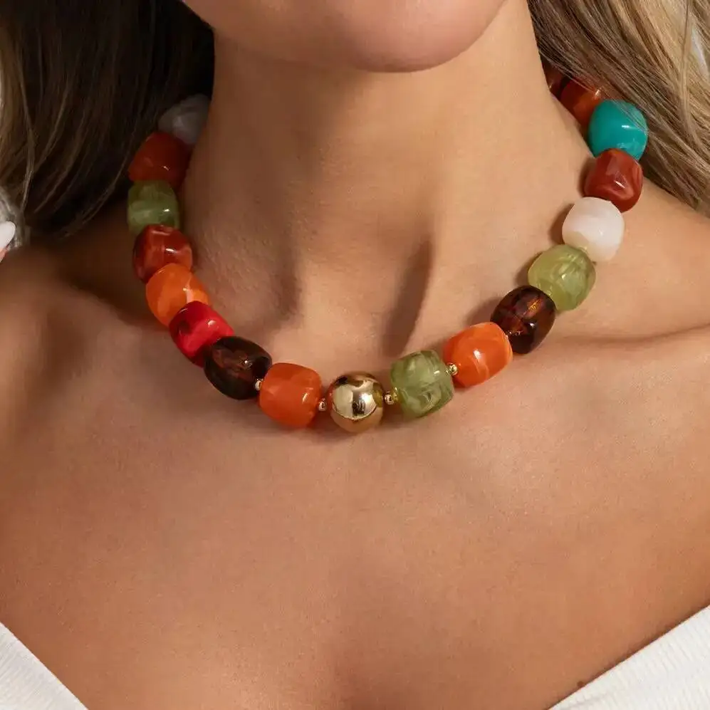 SHIXIN Bohemia Colorful Square Resin Beaded Necklaces for Women Vintage Charm Statement Clavicle Chain Y2K Banquet Jewelry Gift