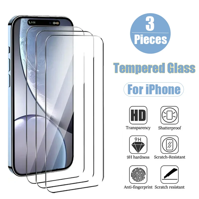 3Pcs Tempered Glass For iPhone 15 Pro Max Screen Protector For iPhone 14 13 12 Mini 11 16 Plus X XR XS Max Protective Glass