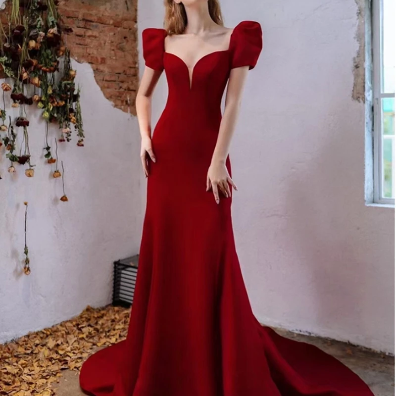 Wine Red Mermaid Wedding Dresses Deep V-neck Puff Sleeve Small Train Vestidos De Novia Simple Elegant Vintage Evening Customized