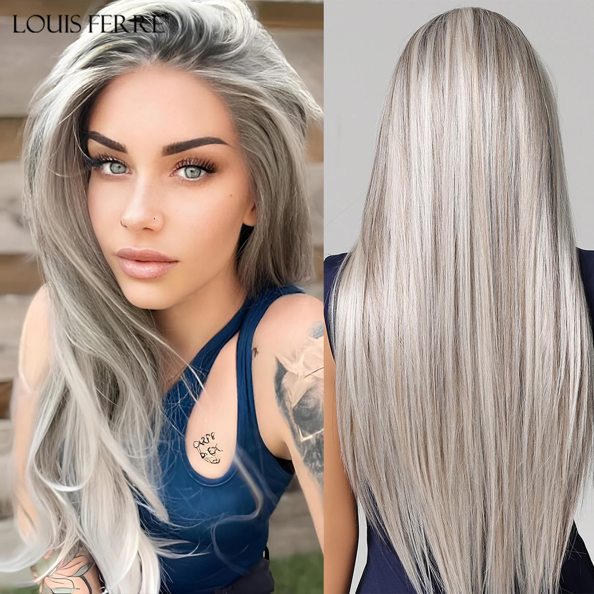 Silver Gray Platinum 13*6 Lace Front Synthetic Wigs for White Women Long Straight Layered Wig Free Part Daily Party High Density