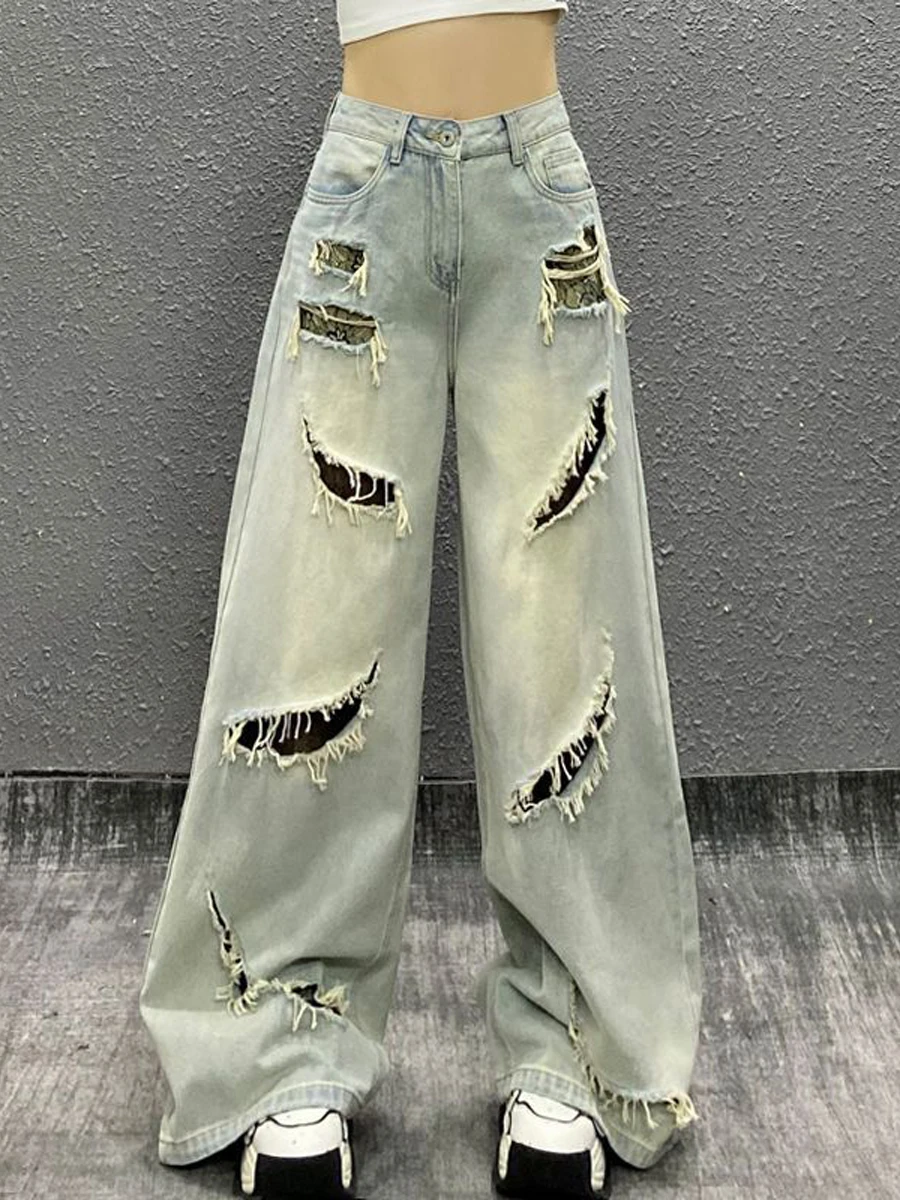 

Модные женские джинсы с высокой талией, свободного кроя, прямые, летние, новые, повседневные, с дизайном «дырки», длиной в пол, универсальные