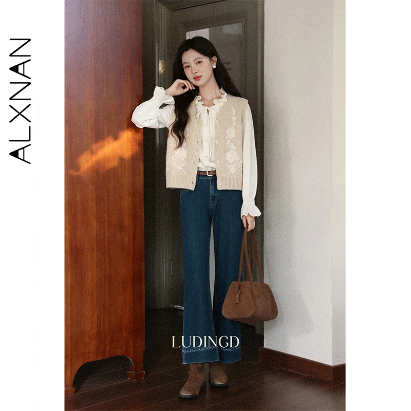 ALXNAN Bezrękawniki z dekoltem w serek Zapinane na guziki Kardigany dzianinowe Damskie Jesienne Miękkie Warstwy do Noszenia na Wierzch Uniwersalne Swetry Odzież Damska L57223