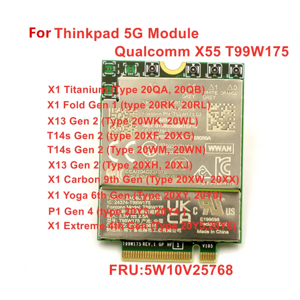 T99W175 Qualcomm X55 5G module 5W10V25768 For ThinkPad X1 Carbon 9th Gen X1 yoga 6th X1 Titanium X1 Fold X13 T14s Gen 2 P1 Gen 4