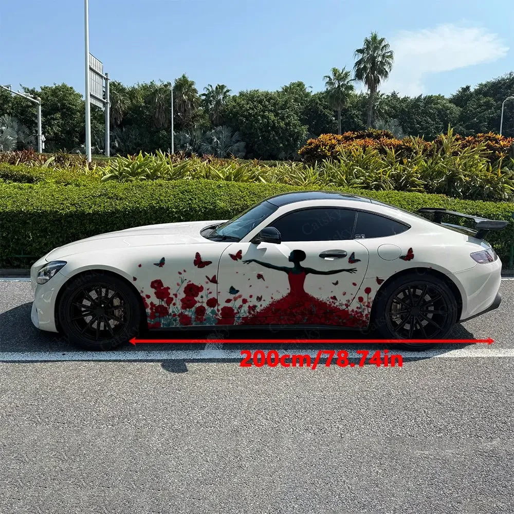 2pcs Silhouette Girl Dance Flower Field, Durable, Fade-resistant, Enhance Vehicle Aesthetics With Artistic Design Car Vinyl Wrap