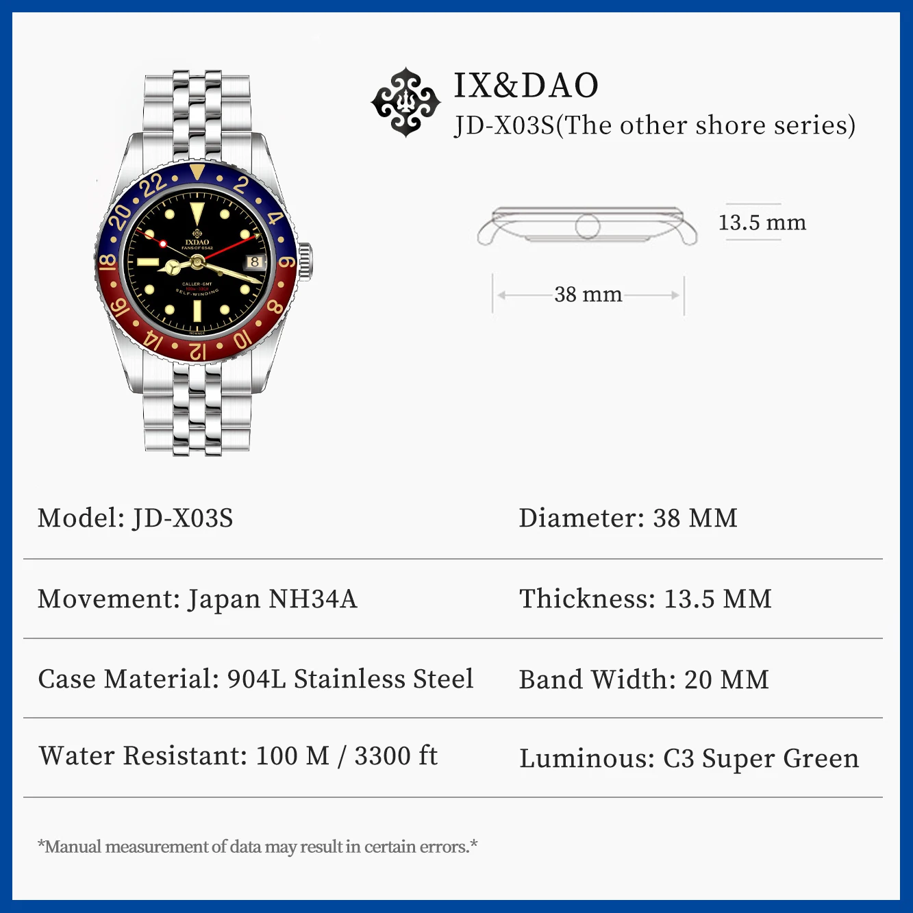 IXDAO 38MM Luxury Business Men\'s Automatic Mechanical Watch NH34A GMT Watches Waterproof 100m C3 Coating Wristwatch reloj hombre