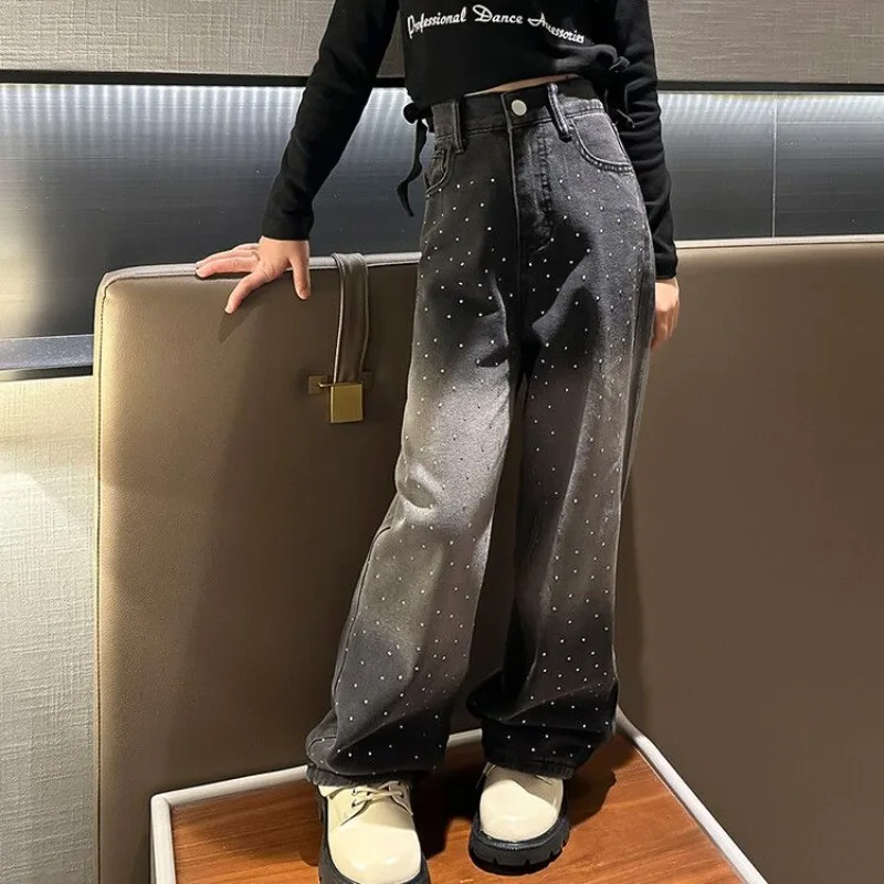 

Girl's Straight-Leg Wide-Leg Jeans with Rhinestones & Gradient Tie-Dye Design, Black, Tween Kids Clothing