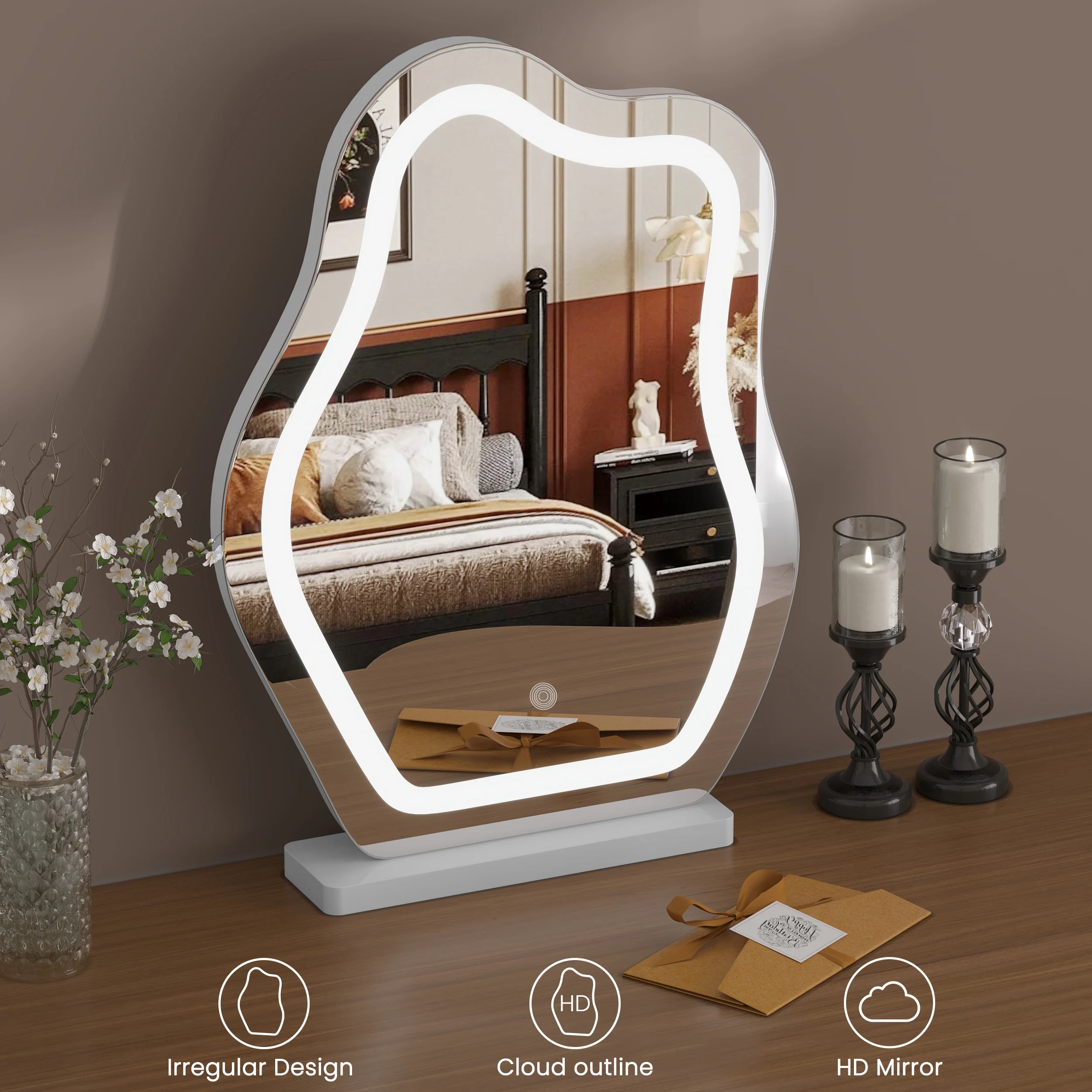 Girls Women White Make-Up Mirror with Lighting Cloud Shape Irregular Table Mirror Dimmable 3 Colour Cosmetic Mirror