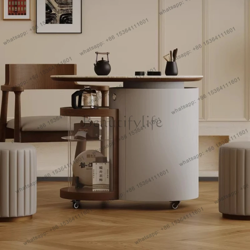 

Italian movable rotating small tea table rock slab tea table light luxury modern high sense