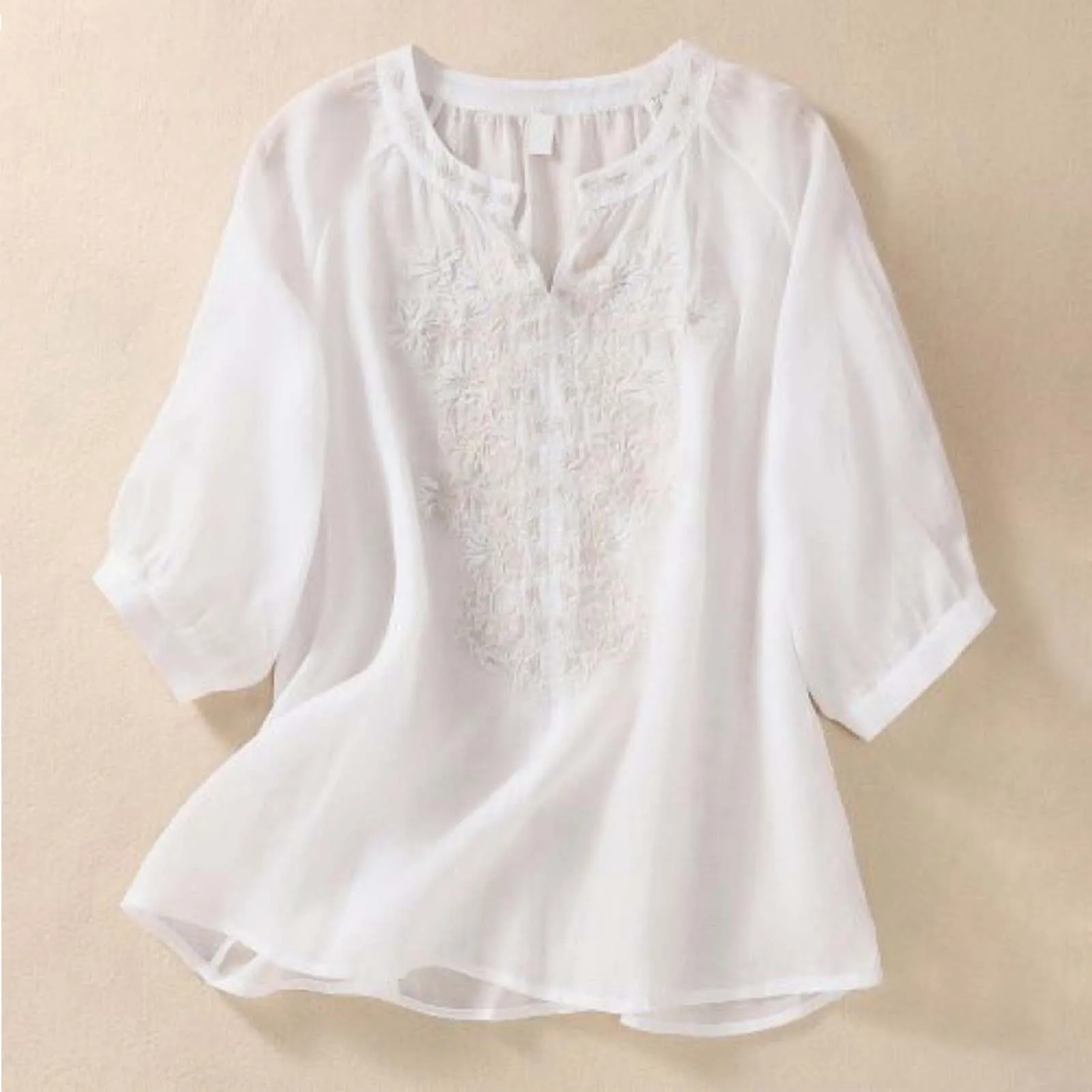 

Summer Lightweigh Cotton And Linen Loose Shirts Retro Style Casual Shirt Tops Boho Style Embroidered Solid Color Women's Blouses