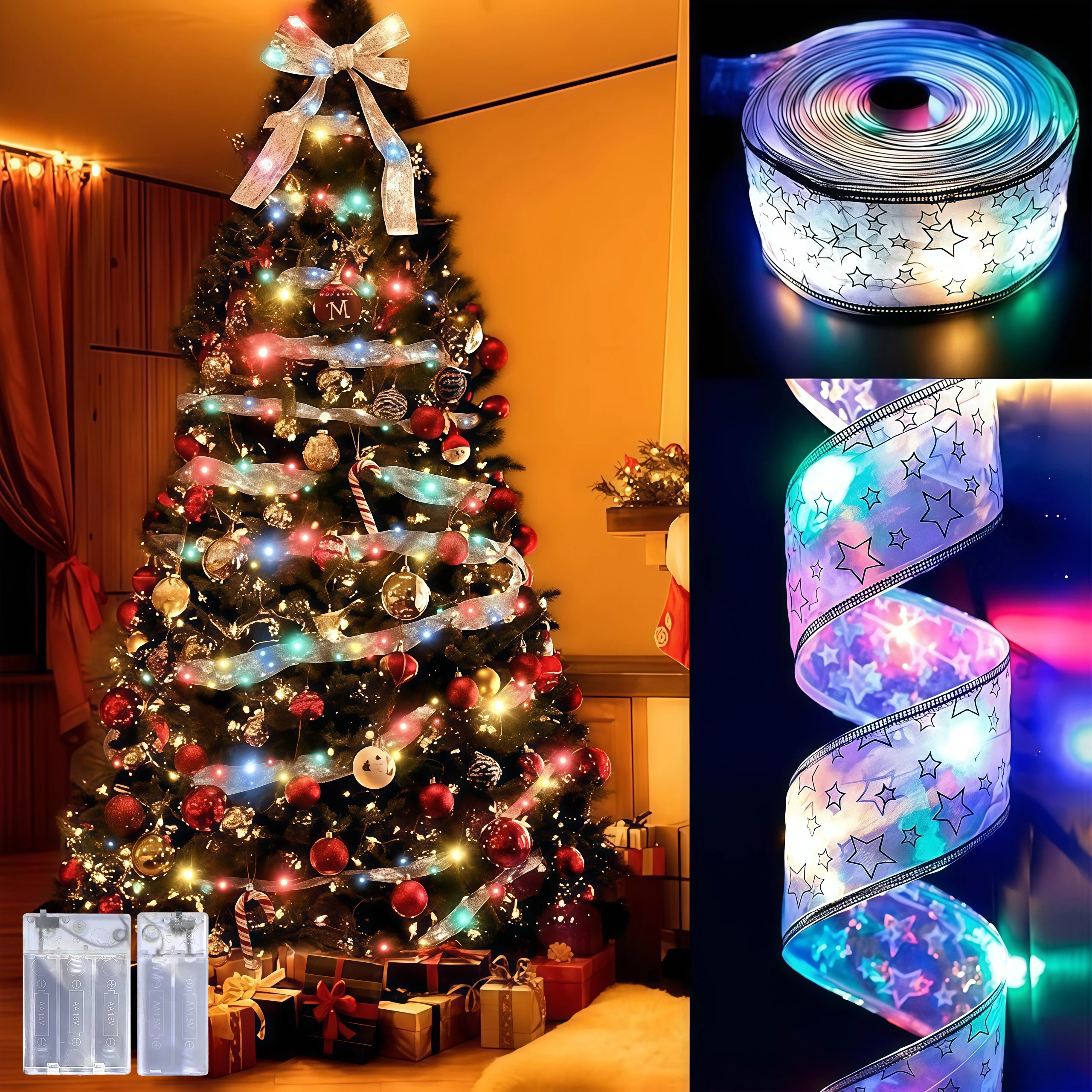 Warm White & Colorful Glow LED Fairy Lights with Battery Box Gold/Silver Foil Ribbon String for Christmas Wedding Party Decor