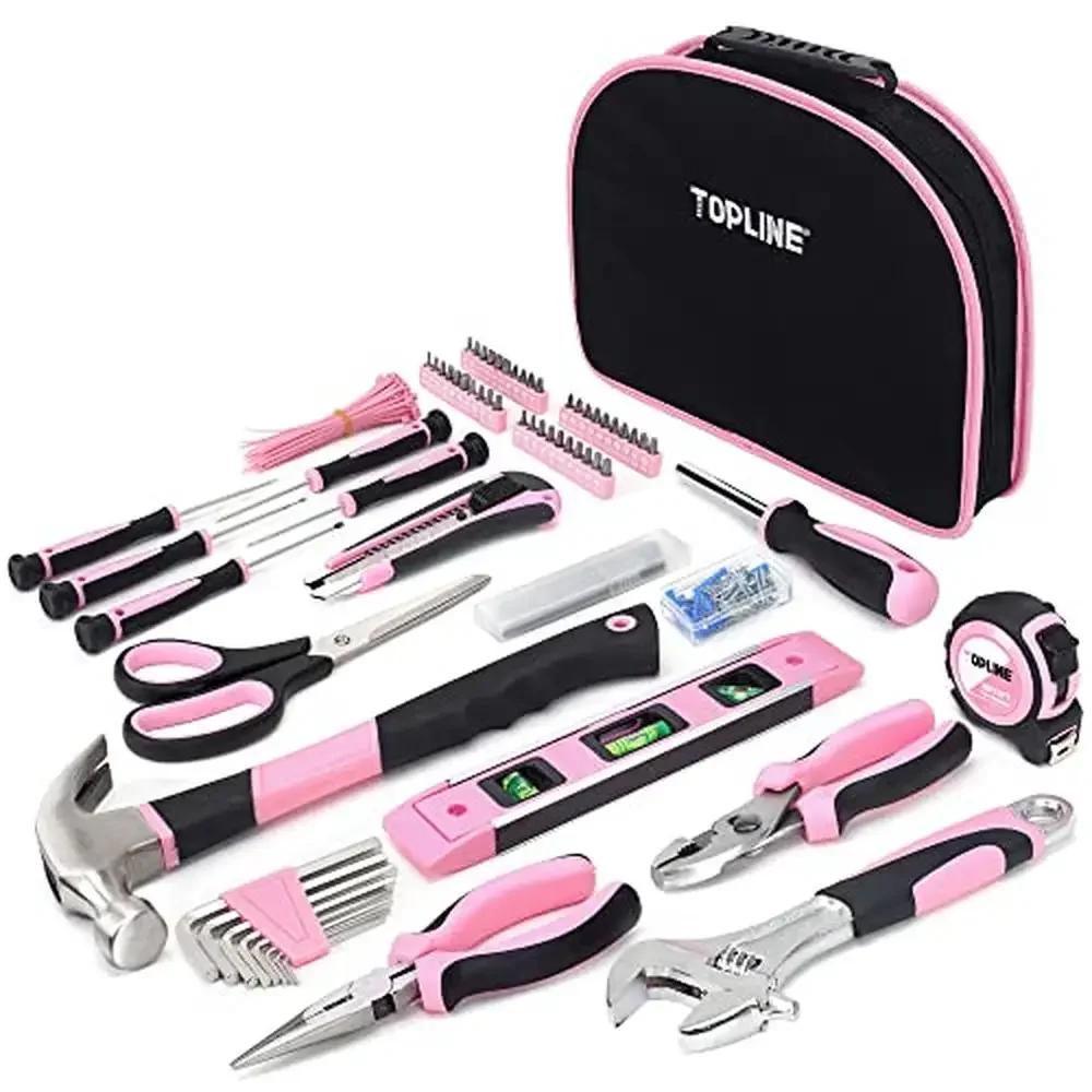 

208-Piece Pink Tool Kit Round Pouch Small Apartment Home Household Ladies Set Hammer Hex Key Pliers Wrench DIY Projects Work