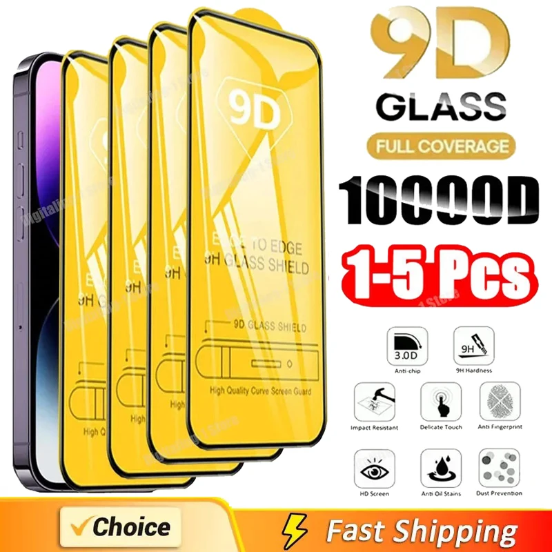 1-5 Piezas Protector de Pantalla 9D Vidrio Templado para iPhone 15 14 13 16 12 11 Pro Max Vidrio Protector para iPhone X XR XS Max 7 14 Plus