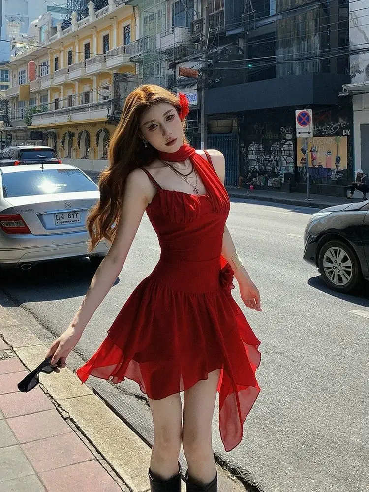 Vestido feminino de verão, vermelho, bainha assimétrica, sem mangas, cintura alta, malha em camadas, mini vestido, sexy, elegante, slim fit, estilo francês