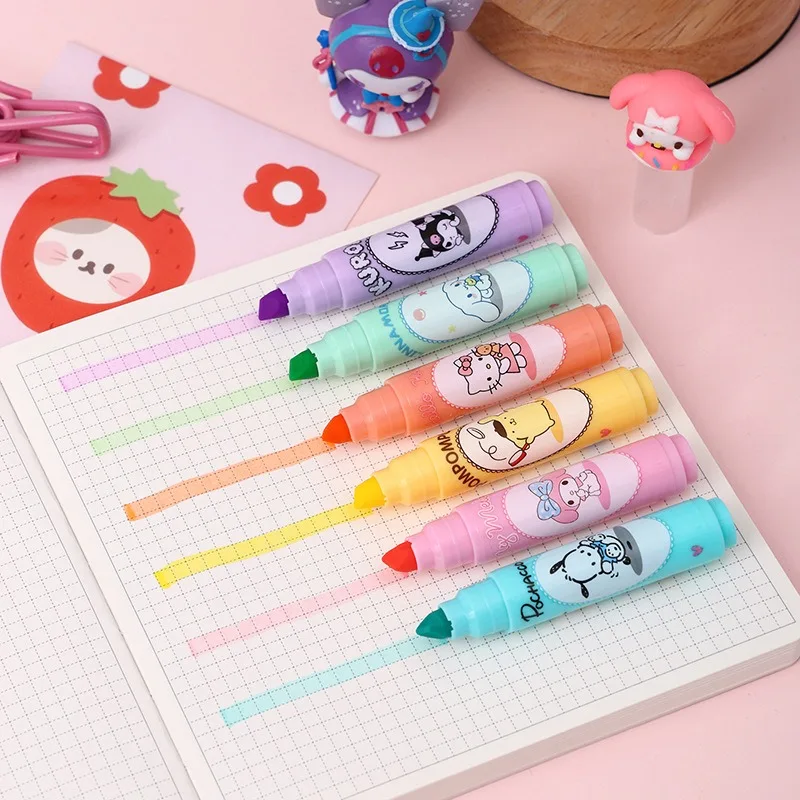 

New Cute Melody Doughnut 6-Color Fluorescent Pen Cartoon Anime High Beauty Girl Gift Katie Cat Color Marking Pen