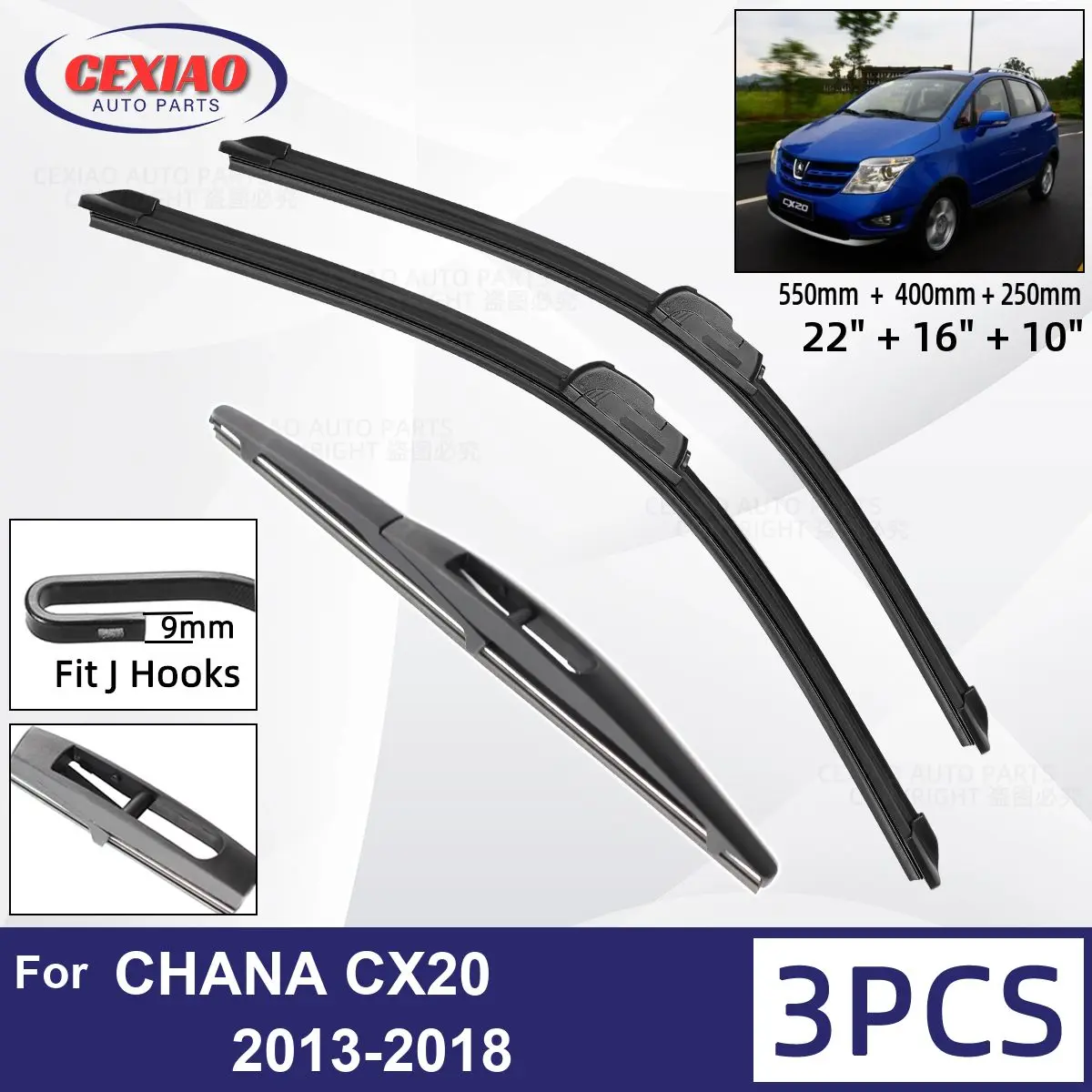 

For CHANA CX20 2013-2018 Car Front Rear Wiper Blades Soft Rubber Windscreen Wipers Auto Windshield 22"16"10" 2014 2015 2016 2017