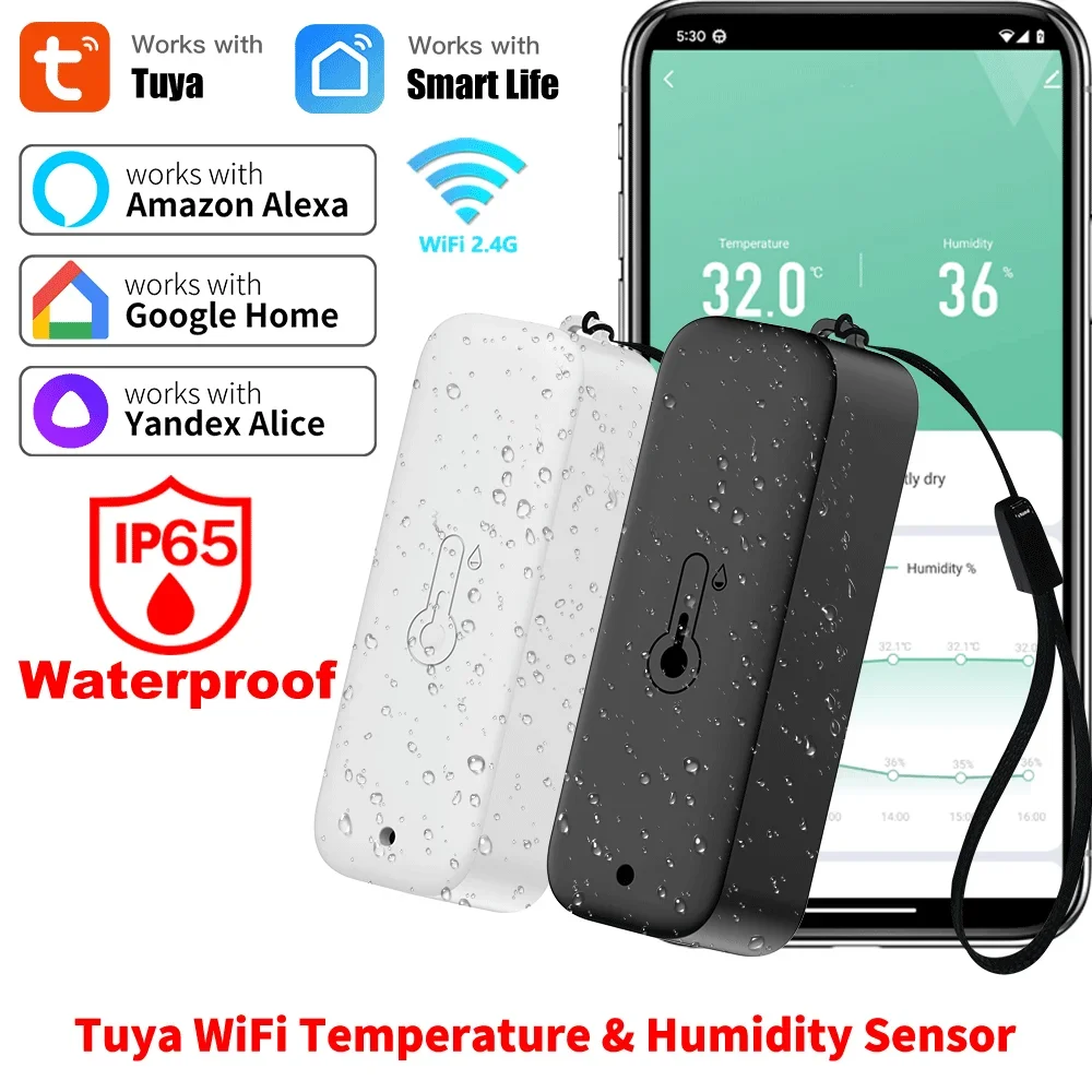 Tuya Smart Life Temperature Humidity Sensor IP65 Waterproof WiFi Thermometer Remote Control Work with Google Assistant Alexa