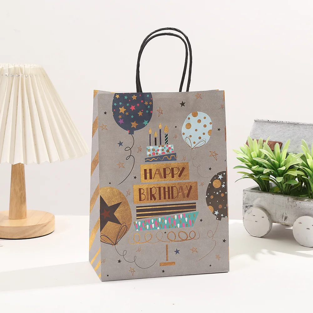 4Pcs Happy Birthday Paper Gift Packaging Bags with Handle Black Baking Candy Cookie Shopping Bag for Birthday Party Decorations