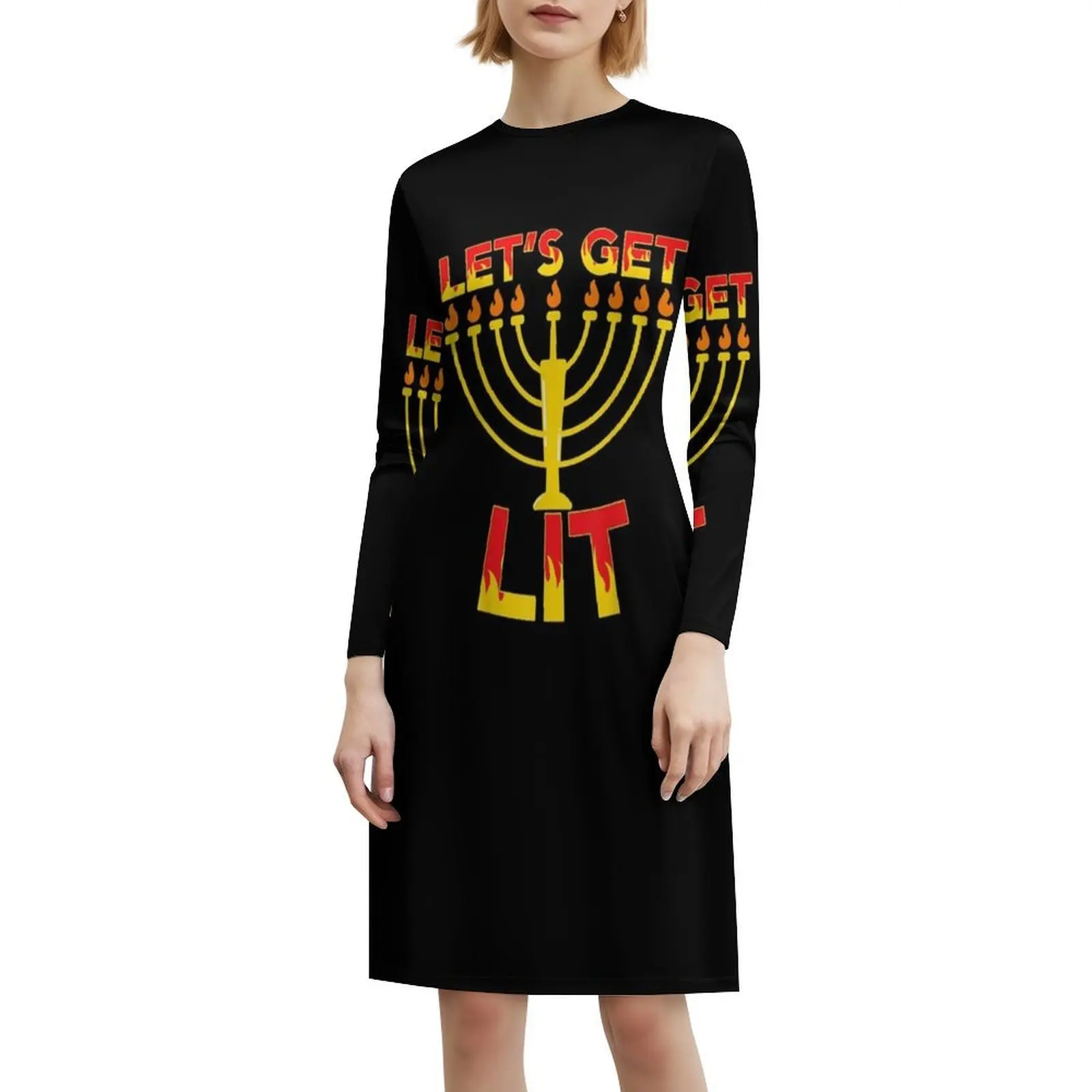Let39 ; S Get Lit Funny Juish Hannukah Candle Holiday Vestido de fiesta elegante para mujer Vestido de corte A con corto/largo/sin mangas