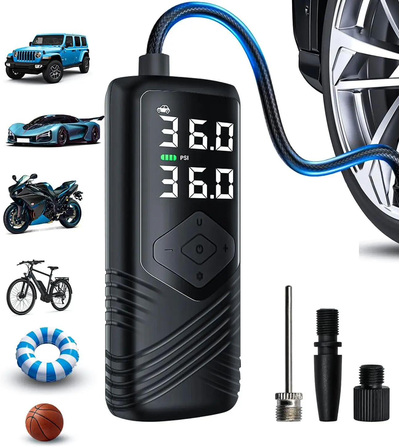 

Portable Tire Inflator 150Psi Air Pump with Digital Gauge, Cordless Mini Air Compressor, Auto Shut-off, Emergency Power Bank for