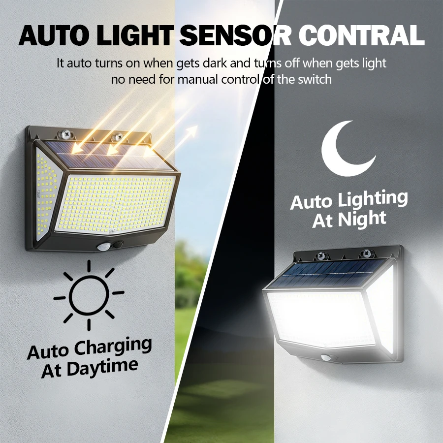 Solar Lights Outdoor 458 LED Solar Wall Lamp Waterproof Wireless Motion Sensor Security 3 Modes Garden Fence Yard Deck Garage