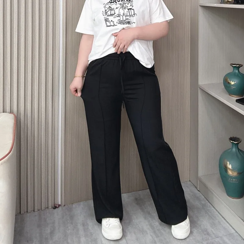 Spring Summer New Plus Size Casual Straight Pants Women Loose Elastic High Waist Ice Silk Full Length Suit Pants