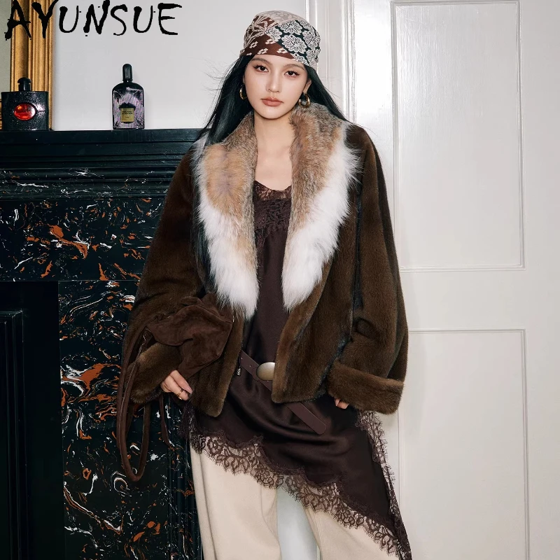 

AYUNSUE Velvet Mink Fur Coat Woman Lynx Collar Winter Fur Jacket Short Fur Coats Woman High Luxury Woman Clothing Шуба Женская