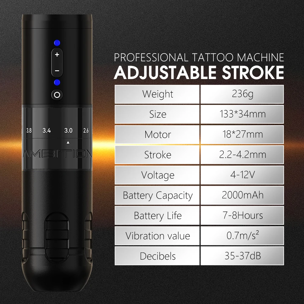 Ambition Paco Wireless Tattoo Machine Adjustable Stroke 2.2-4.2mm 2000mAh Coreless Motor Rotary Battery Pen For Tattoo Artist