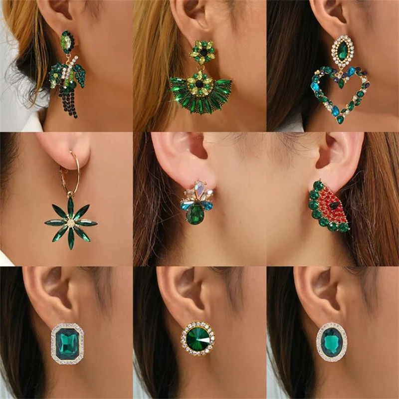 Fashionable light luxury imitation grandmother earrings for women Fresh and trendy with green rhinestone pearl earrings