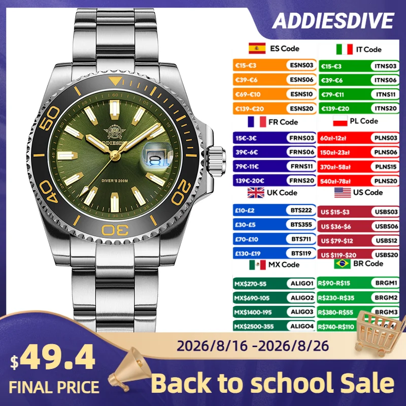 Cloisonne Enamel Dial - Addiesdive novo ad2510 relógio de mergulho
