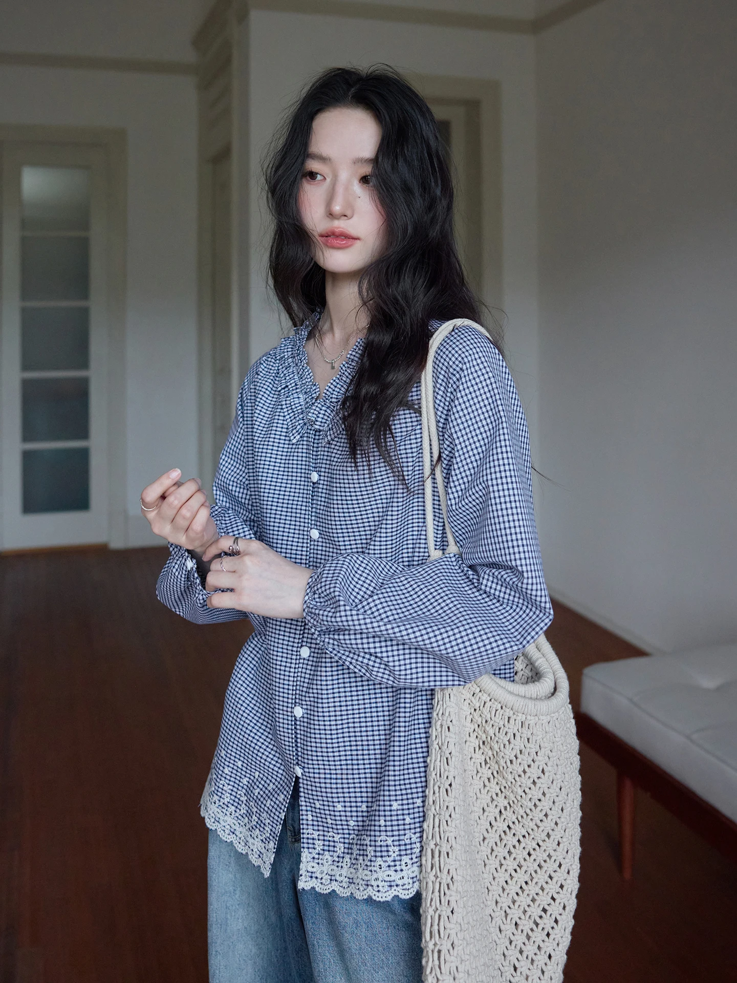 

Long Sve V Ne Embroidered Blouse Chiffon Gathers Design Blue Plaid Amy Wine House Commute Sle Loose Fit Cotton