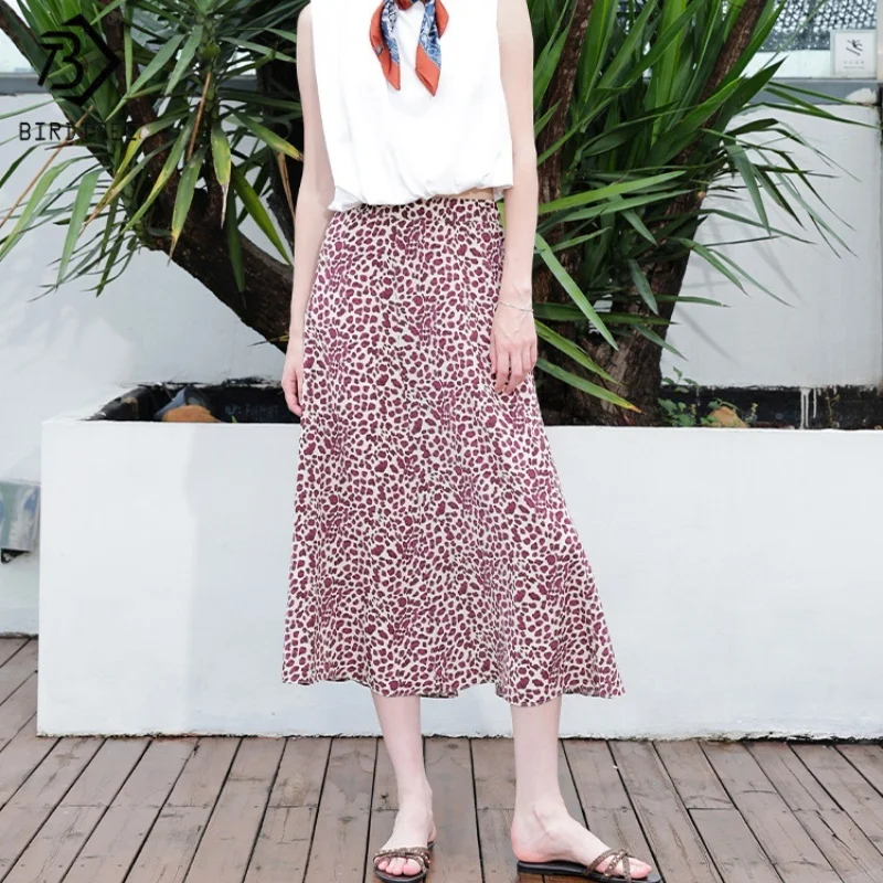 BirdTree,14MM 100%  Silk Elegant Casual Skirts, Women Elastic Waist Double Crepe Skirt,Leopard Print, 2025 New D5D917JF