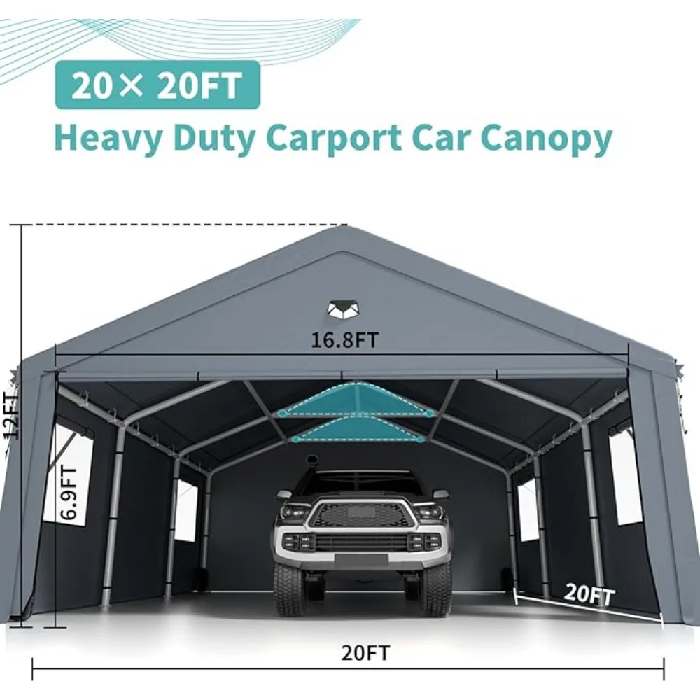 Carports 20X20 Heavy Duty,  Laterales Extraíbles De 6.35 Oz Carport Canopy with Side Doors, Outdoor Car Shelter Carports