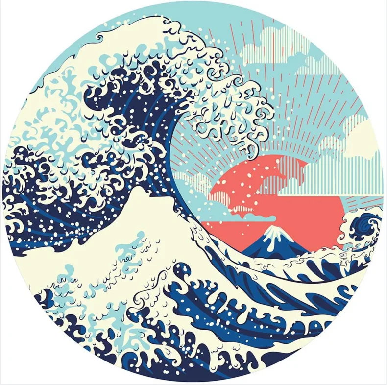 The Great Wave Off Kanagawa Round Photo Backdrop Red Sunset Retro Art Wall Photography Background Big Waves Circle Photo Studio