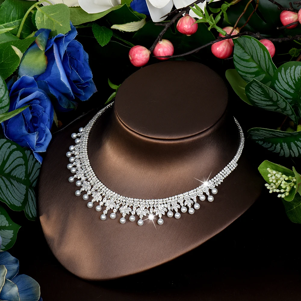 HIBRIDE موضة خفيفة فاخرة النساء اللؤلؤ طقم مجوهرات زركونيا ليف قلادة أقراط خاتم فستان الزفاف اكسسوارات S-781 #6