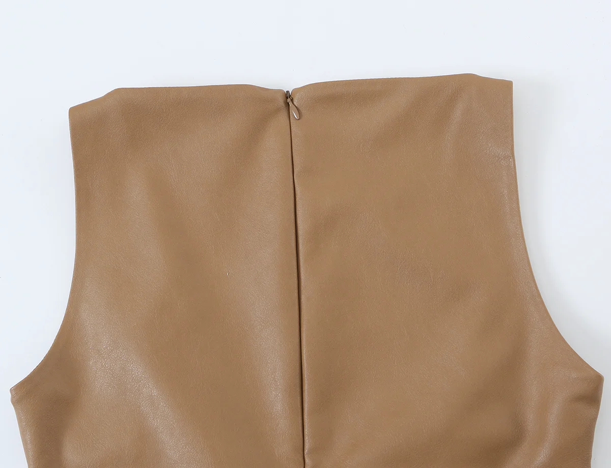 TFMLN Damen Ärmelloses PU-Minikleid Einfarbig Figurbetont Rückenreißverschluss Party Leder Streetwear Neues Elegantes Modekleid für Frauen – Detail 7