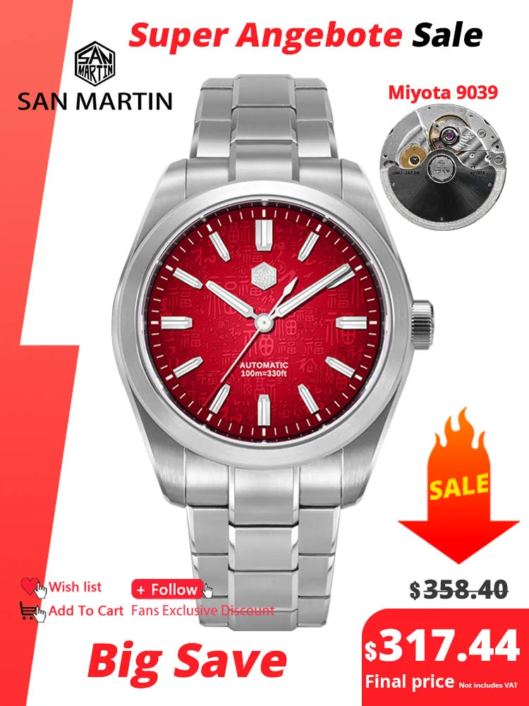 San Martin 39mm estilo chino 3D "Fu" cien bendiciones Dial Miyota 9039 hombres reloj mecánico automático diseño Original SN0144