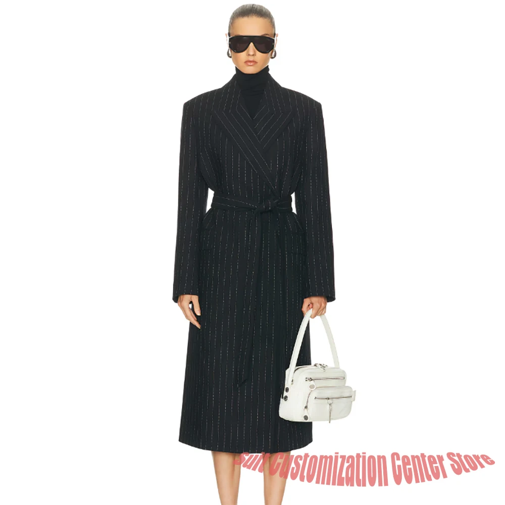 Women's Black Pinstripe Belted Long Jacket Classic Peak Lapel Coat 1 Piece Set Winter Warm Casual Business Outerwears
