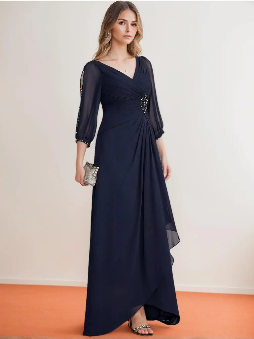 Gaun Ibu Pengantin Wanita Model A-Line Bahan Sifon, Gaun Ibu Pengantin Pria Model V-Neck Berpayet, Gaun Tamu Pernikahan