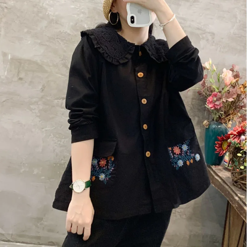 Women\'s New Spring Autumn Embroidered Cotton and Linen Peter Pan Collar Button Fashion Loose Casual Sweet Long Sleeve Shirt Tops