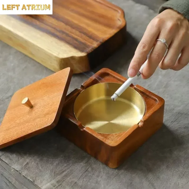 Walnut Solid Wood Ashtray with Lid Anti Fly Ash Storage Box Ash Tray Ornament Smoking Accessories Ashtrays Decoratiin Crafts