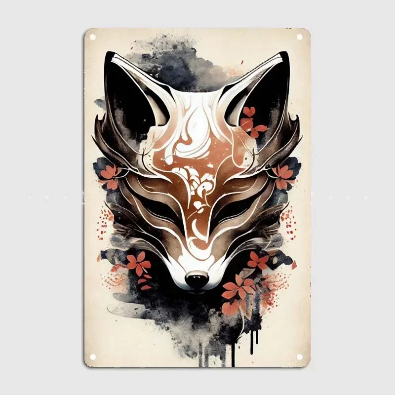 Kitsune tilki maskesi mürekkep yıkama duvar dekorasyon teneke plaka Metal işaretleri için Anime dekor odası Boy ve kız odası dekorasyon garaj Poster