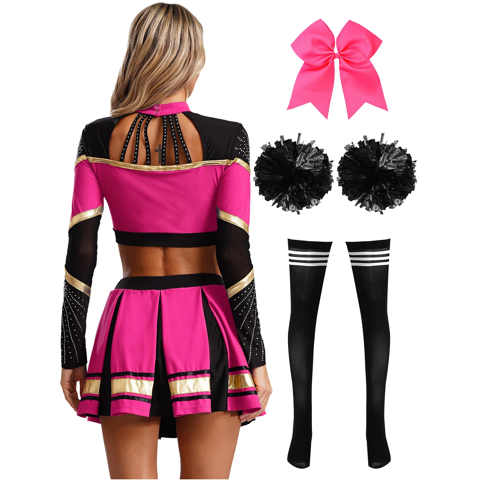 Women Cheerleading Dance Performance Outfit Crop Top with Skirt Headband Flower Balls Stockings for Cosplay Party Sports Meeting