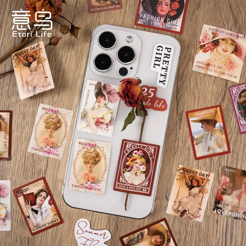 46Pcs Boxed Pink Lady Stickers Self-Adhesive Decorative Sealing Stickers for Scrapbook Album Diary Journal