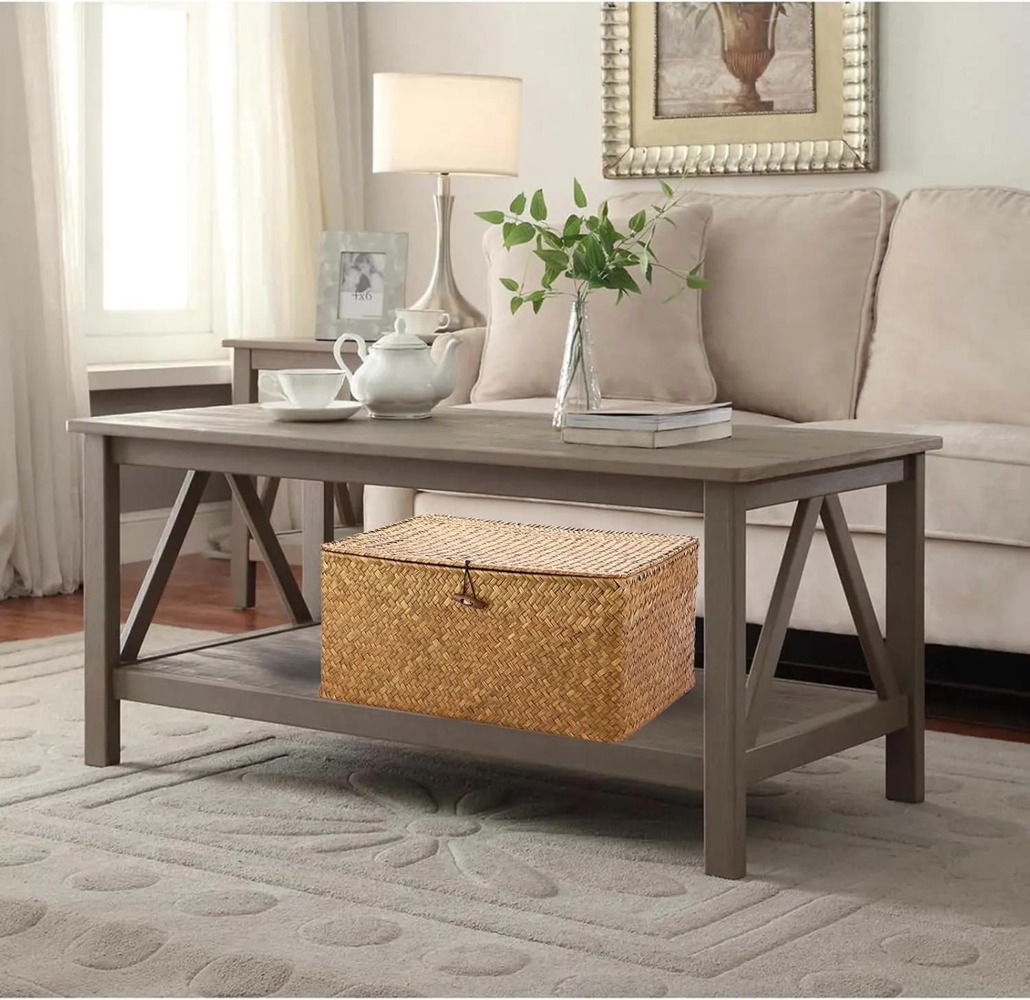 Wicker Shelf Baskets Bin with Lid, Handwoven Seagrass Basket Storage Bins Rectangular Household Basket Boxes for Shelf Wardrobe