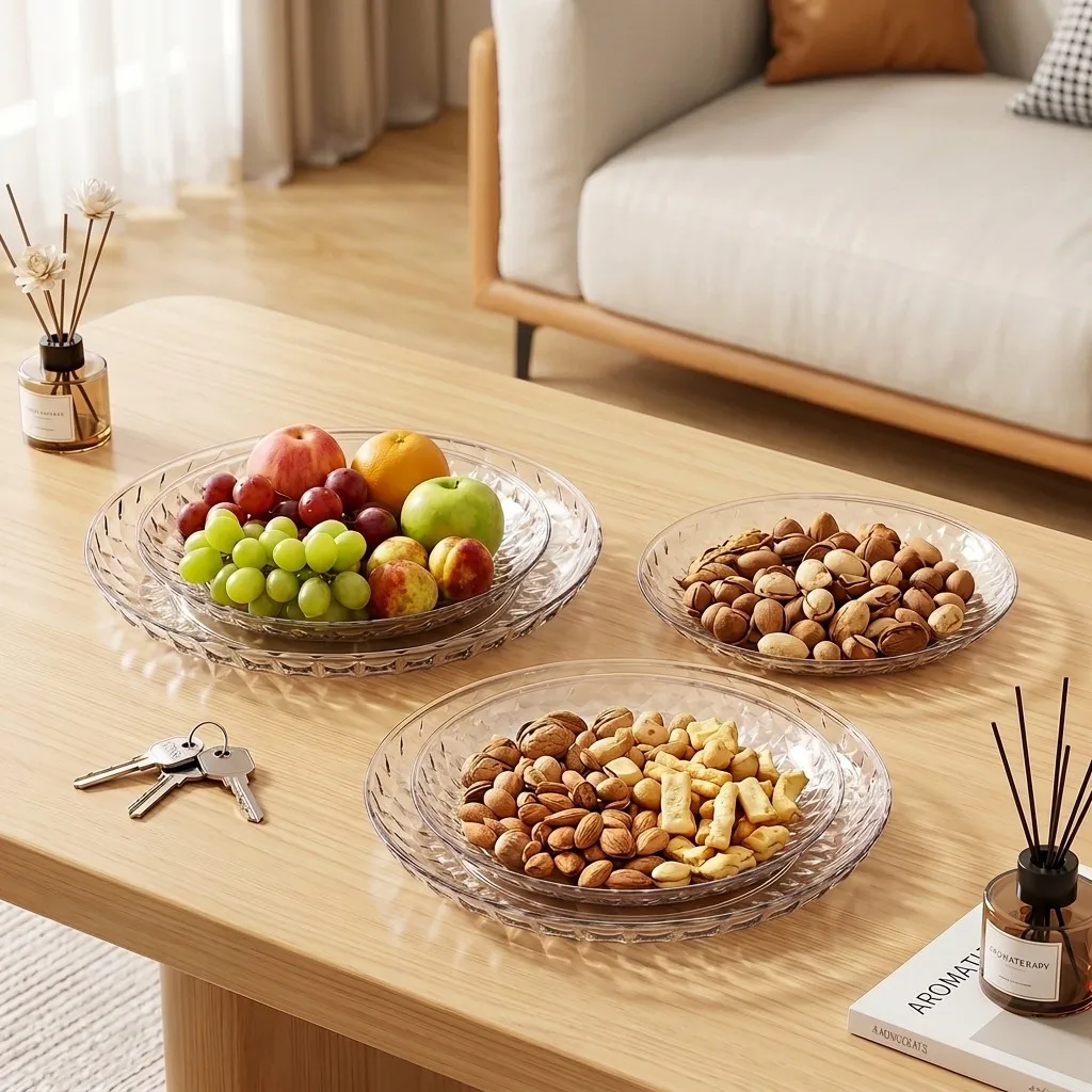 Clear Plastic Plates Dinnerware Round Serving Tray Shatterproof Fruit Snack Dish Stackable Reusable Party Kitchen Tableware