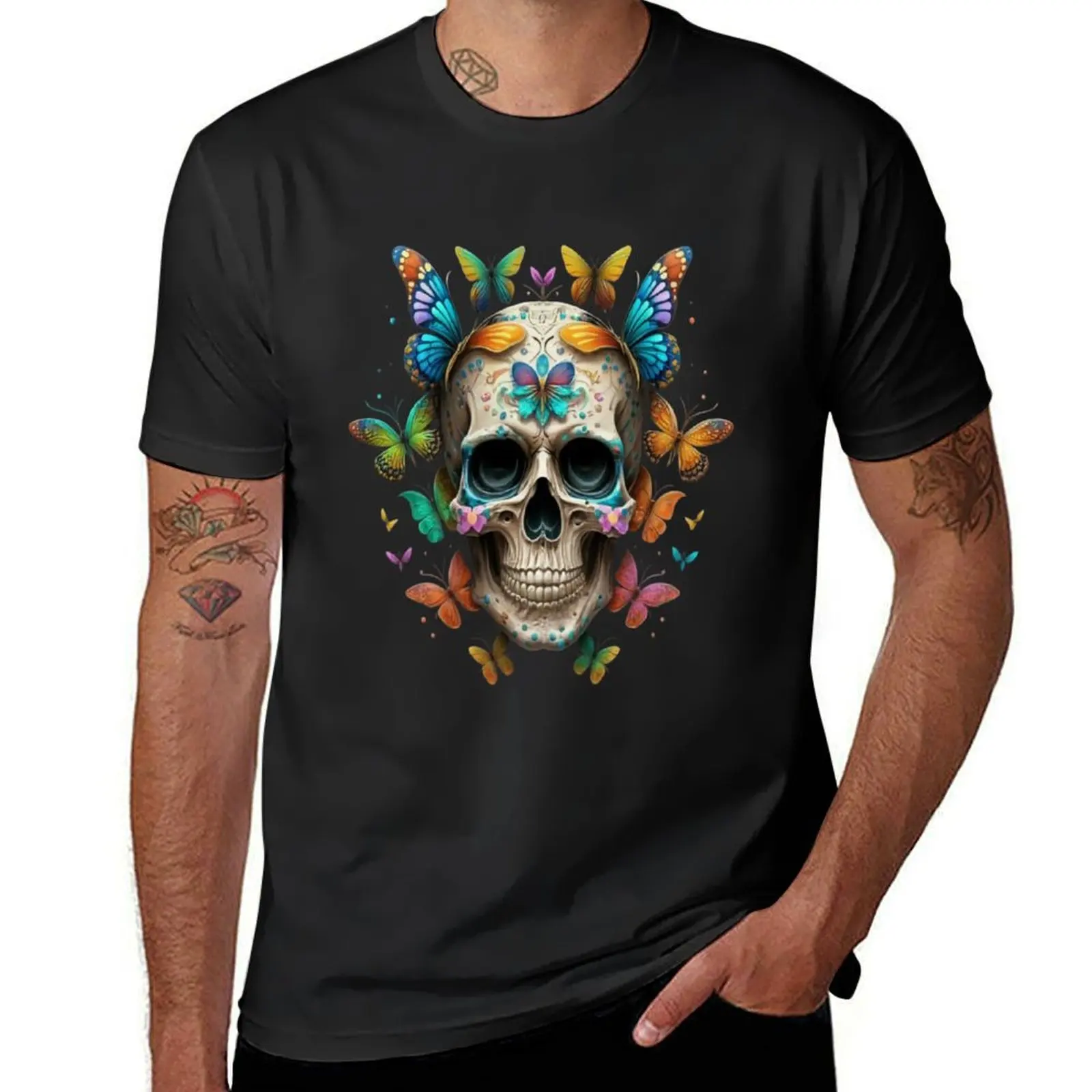 Skull adorned with delicate and vibrant butterflies T-Shirt anime clothes mens graphic t-shirts pack